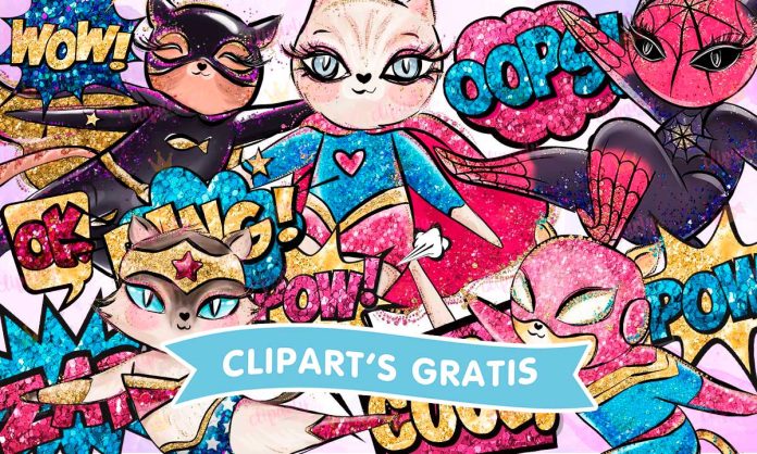 Cliparts, Superheroinas, gatitas, onomatopeyas, glitter