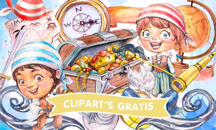 Cliparts, Piratas, tesoro, ninos, objetos