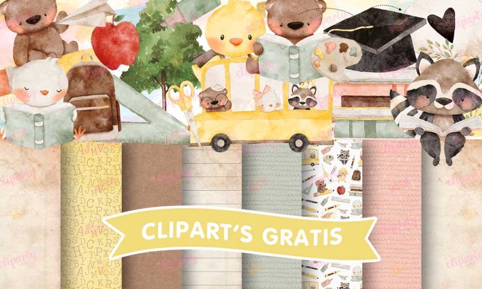 Cliparts, Escolar, Objetos, Animalitos, papeles, watercolor