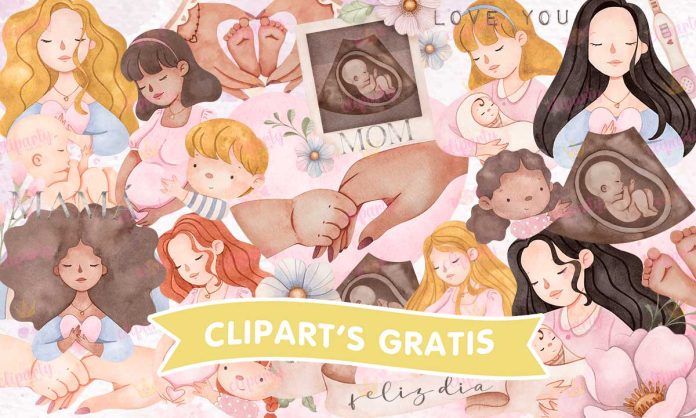 Cliparts, Mama, embarazo, ninos, floral, watercolor