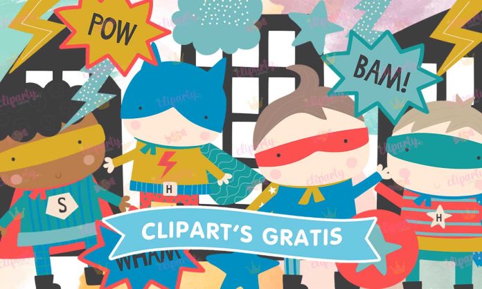 Cliparts, Superheroes, ninos, edificios, onomatopeyas