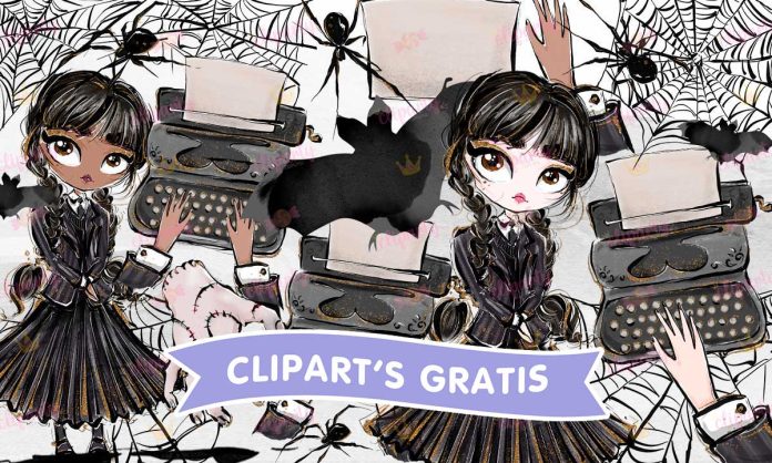 Cliparts, Series, Merlina, telaranas, maquinas de escribir, glitter