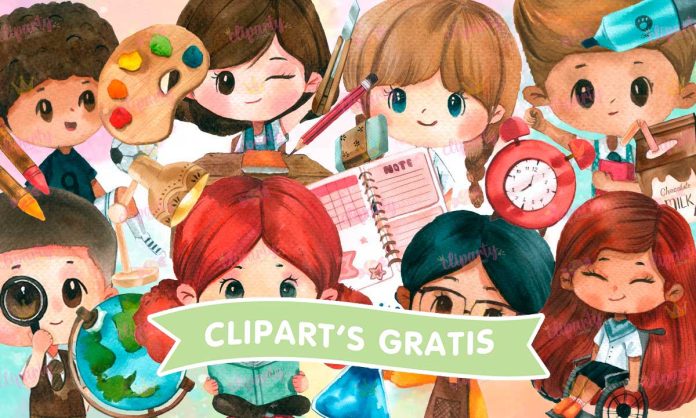 Cliparts, Escolar, ninos, objetos, watercolor