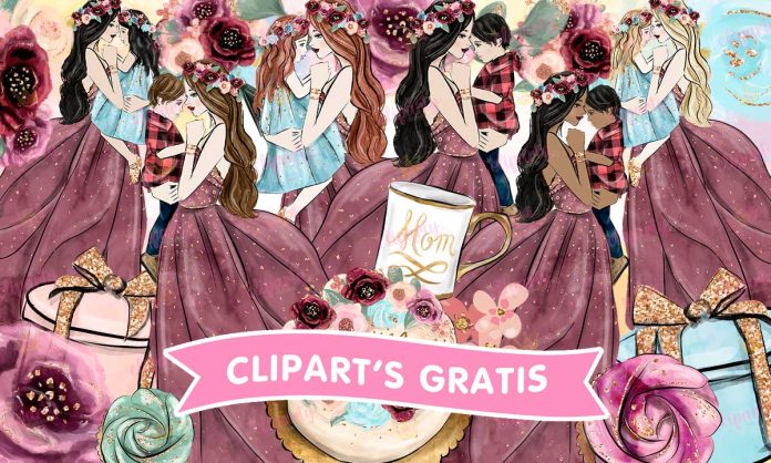 Cliparts, Mama, ninos, pastel, floral, glitter