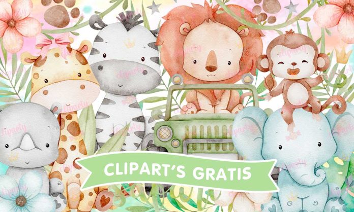 Cliparts, Safari, leon, jirafa, floral, watercolor