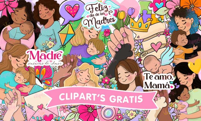 Cliparts, Mama, hijos, manos, corazones, floral