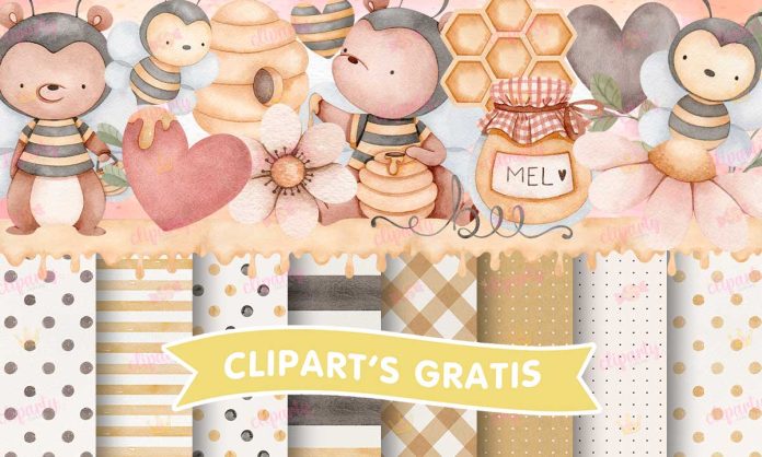 Cliparts, Abejas, osos, miel, papeles, watercolor