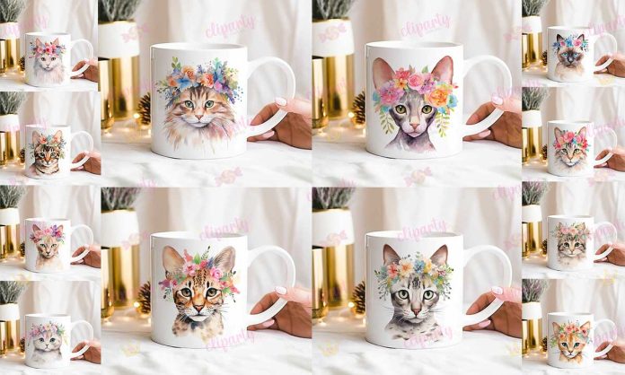 Cliparts, Mascotas, gatos, floral, watercolor, con Mockups