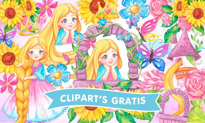 Cliparts, Princesas, Rapunzel, floral, watercolor