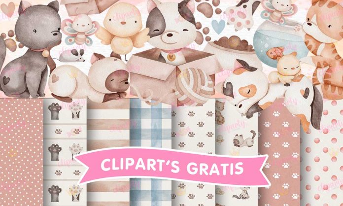 Cliparts, Mascotas, gatitos, papeles, watercolor