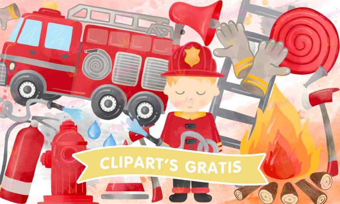 Cliparts, Profesiones, Bomberos, fuego, watercolor