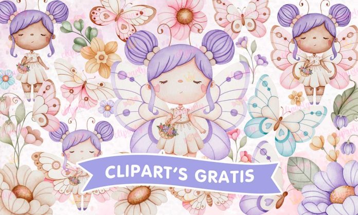 Cliparts, Mariposas, ninas, floral, watercolor