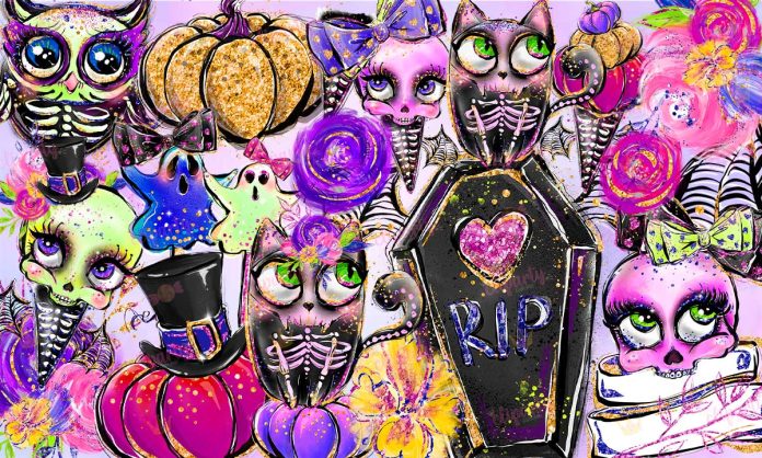 Cliparts, Halloween, calaveras, floral, glitter