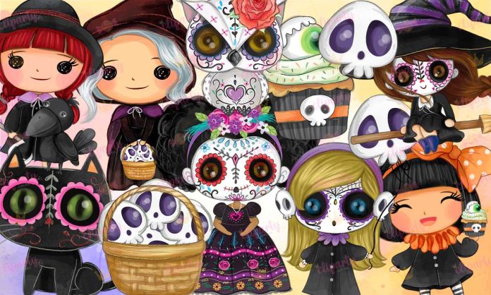 Cliparts, Dia de Muertos, ninas, catrinas