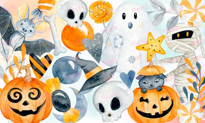 Cliparts, Halloween, gatitos, floral, watercolor