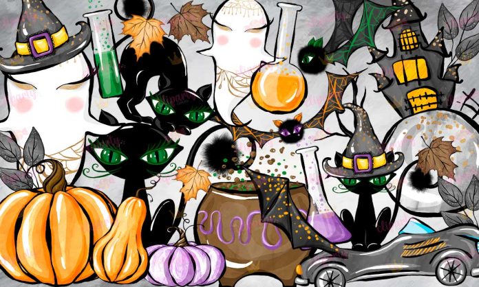 Cliparts, Halloween, gatos, calabazas, fantasmas