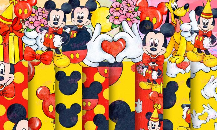 Cliparts, Cumpleanos, Mickey Mouse, papeles, watercolor