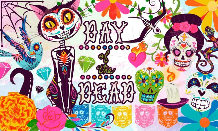 Cliparts, Dia de Muertos, calaveras, floral, papeles