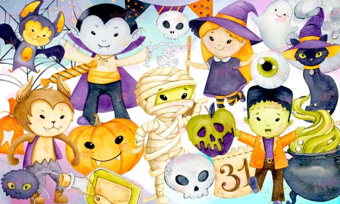 Cliparts, Halloween, Monstruos, cute, watercolor