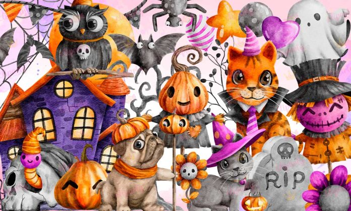 Cliparts, Halloween, mascotas, watercolor